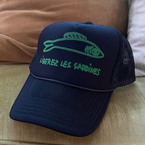 Clare V Navy Blue Hat with Green Fish Design